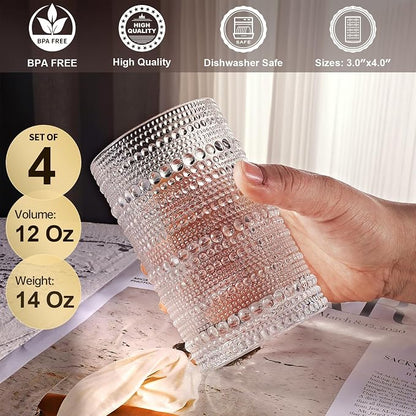 OPAYLY hobnail drinking glasses Highball Glasses Set of 4 12oZ Embossed Vintage - Image 2