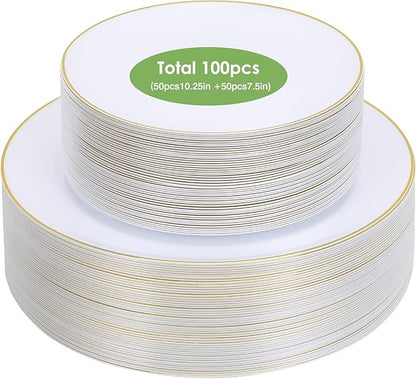 Moretoes 100PCS White Gold Plastic Plates Disposable,Party Plates White with Gold Rim, 10.25inch Dinner Plates and 7.5inch Dessert Salad Plates Heavy Duty Plates for Wedding Party and Birthday