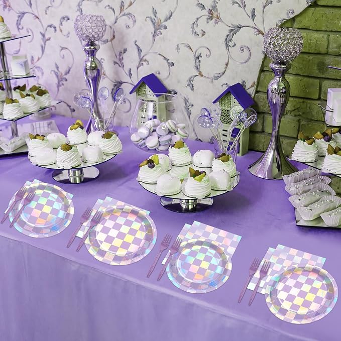 96Pcs Iridescent Birthday Party Supplies Purple Checkered Paper Plates Napkins - Image 5