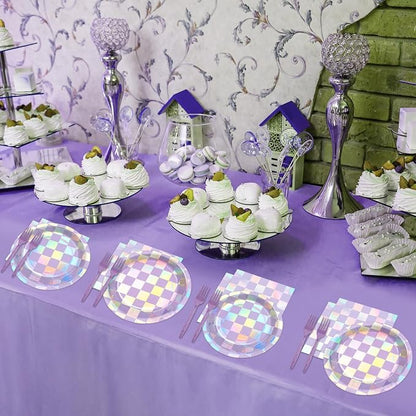 96Pcs Iridescent Birthday Party Supplies Purple Checkered Paper Plates Napkins - Image 5