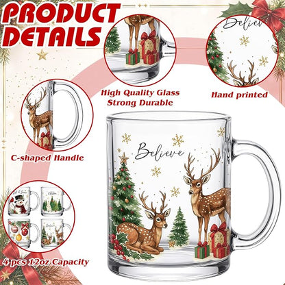 Tioncy 4 Pcs Christmas Glass Coffee Mugs 12 oz | Reindeer Snowman Tree Designs - Image 3