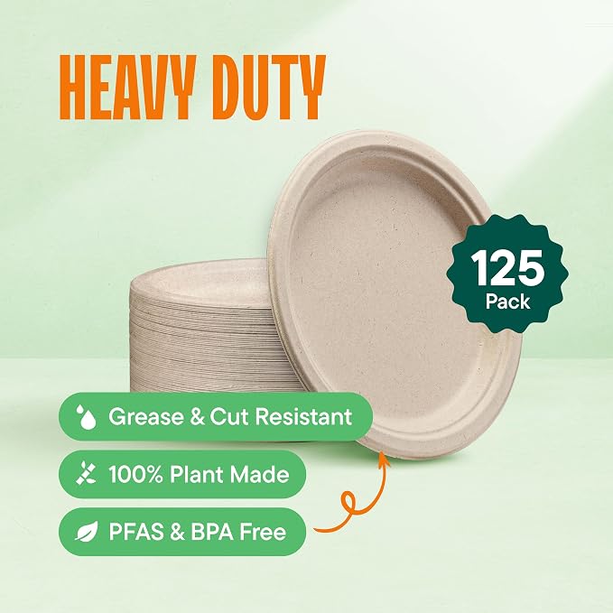 100% Compostable Paper Plates, Heavy Duty Disposable Plates 9 Inch Plates - Image 2