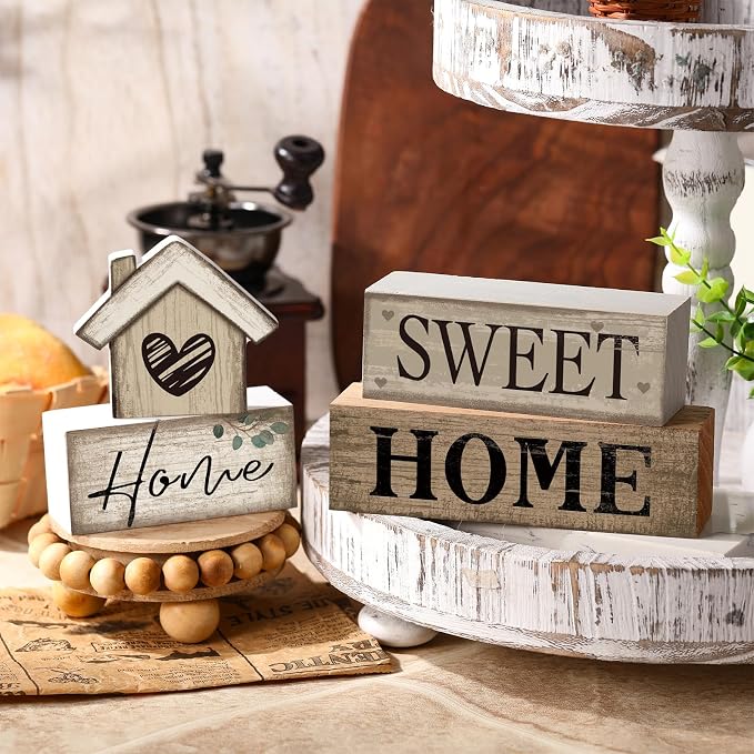 Moucuny 4 Pcs Farmhouse Table Decor Rustic Home Sweet Home Tiered Tray - Image 5