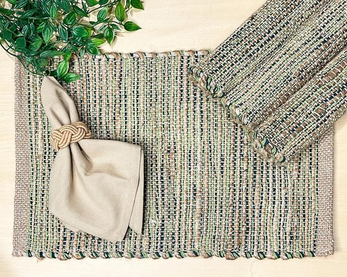 Natural Jute & Green Placemats, 13x19 Inch Dining Table Placemats by ChardinHome