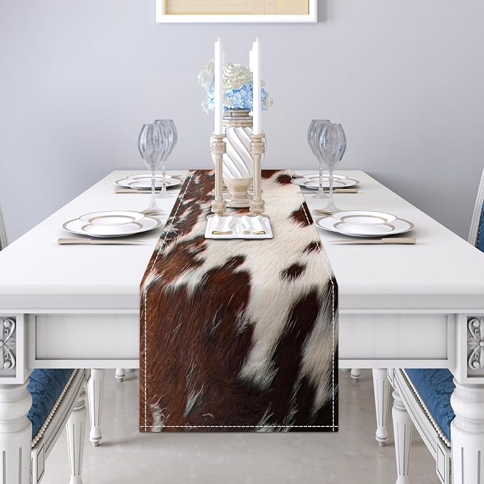 Linen Cow Print Table Runner 13x71 Inch Farmhouse Western White Brown Cowhide - Image 3