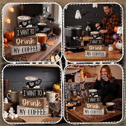 Moucuny 4 Pcs Halloween Table Decorations Spooky Coffee Wooden Stacked Block - Image 5