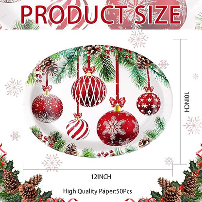 Grencian 50Pcs Christmas Paper Plates - Oval Dinner Plates, 10" x 12", Heavy Duty 400GSM, Red Christmas Balls for Merry Xmas Party Supplies