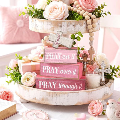 Moucuny 4 Pcs Pink Christian Table Decor Cross Wooden Bible Verse Sign - Image 4