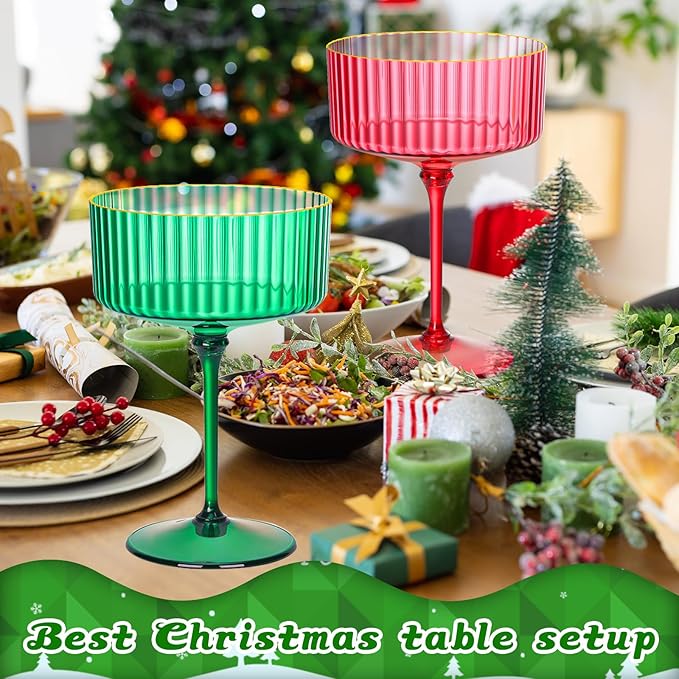 12 PCS Plastic Martini Glasses 10 oz Detachable Gold Rim Green Ribbed Coupe Glasses Vintage Christmas Martini Cocktail Glass for Bar,Margarita,Gin,Tequila, Desserts and Snacks