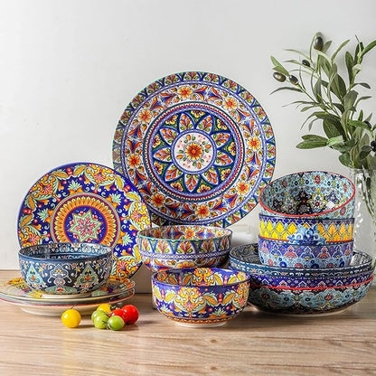 glowworm Pasta Bowls Set of 4, 42 oz Ceramic Salad Bowls for Kitchen, Large Serving Bowls for Ramen, Fruit, Housewarming Gift, Dishwasher & Microwave Safe, Bohemian