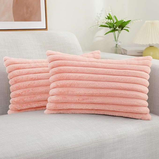 decorUhome Cozy Faux Fur Throw Pillow Covers 12x20 Set of 2 Decorative Plush Striped Lumbar Modern Farmhouse Boho Couch Pillow Cases with Velvet Back for Sofa Bed Living Room Valentines, Blush Pink
