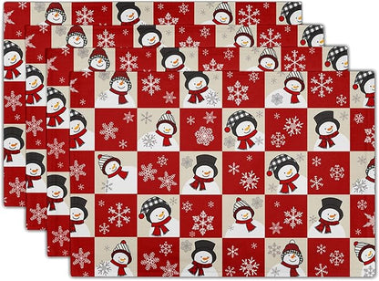 Winter Placemats Set of 4 - Cute Snowflake Snowman Place Mats 12x18 Table Mats Red Beige Buffalo Plaid Kitchen Mats for Party Dining Table
