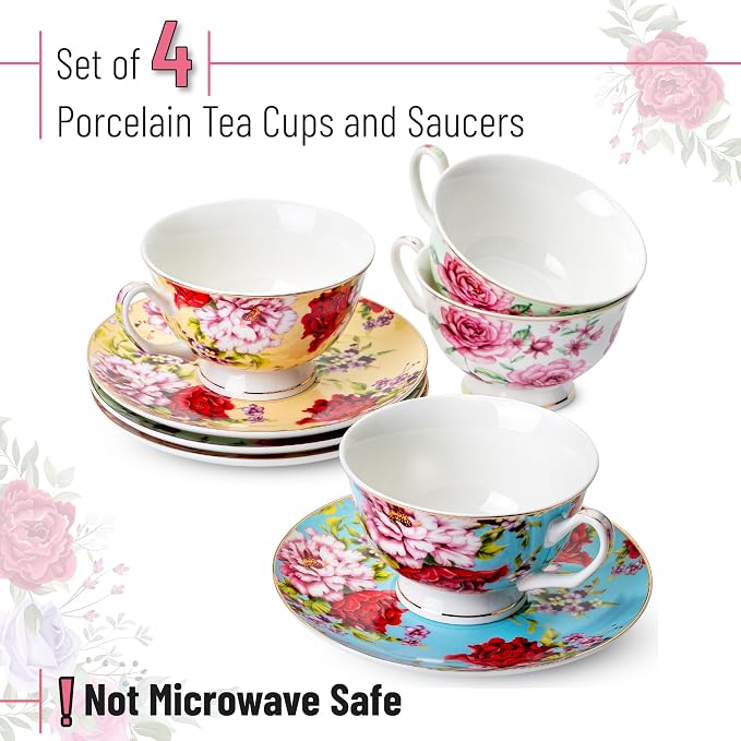 BTaT- Floral Tea Cups and Saucers Set of 4, 7 oz | Porcelain Tea Cup Set - Image 2