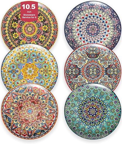 Dinner Plate Set of 6, 10.5-inch Large Plate for Dessert, Pasta, Salad, Ceramic Bohemian Dishes for Kitchen Microwave Dishwasher Safe