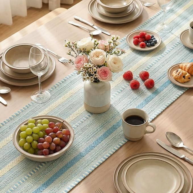 Artoid Mode Sky Blue Farmhouse Stripe Braided Table Runner 12x72 Inch | Holiday - Image 4