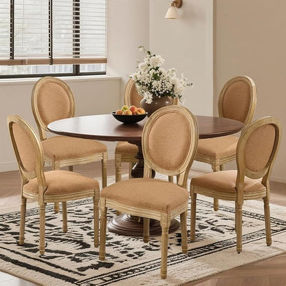 SoarFlash French Dining Chairs Set of 6, Vantage Dining Chair with Round Back, Wood Leg Farmhouse Country Dining Chair for Kitchen,Bedroom,Brown