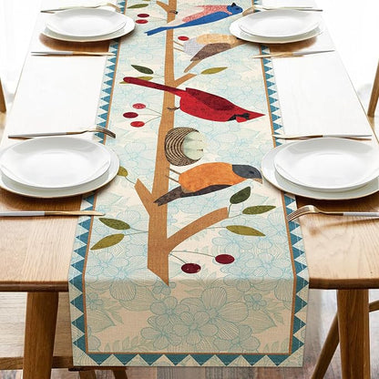 Seliem Spring Summer Birds Blue Table Runner, Cardinal Chickadee Bluebird | by Seliem