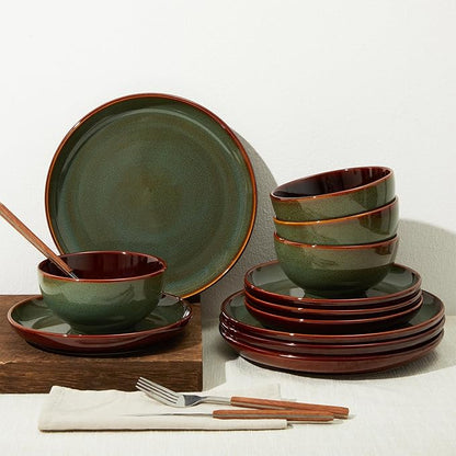 Stoneware Dinnerware Sets for 6, Microwave Safe Plate and Bowl Set, Easy to Clean & Durable Dishes Sets for Small to Medium Families, Sage Green