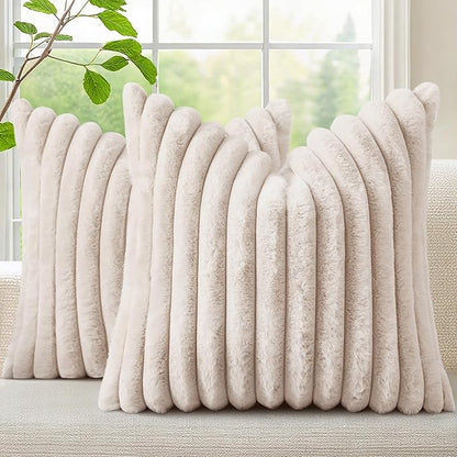 decorUhome Cozy Faux Fur Throw Pillow Covers 24x24 Set of 2 Decorative Soft Plush Striped Modern Farmhouse Boho Couch Euro Sham Pillow Cases with Velvet Back for Sofa Bed Living Room, Beige