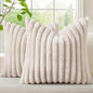 decorUhome Cozy Faux Fur Throw Pillow Covers 24x24 Set of 2 Decorative Soft Plush Striped Modern Farmhouse Boho Couch Euro Sham Pillow Cases with Velvet Back for Sofa Bed Living Room, Beige