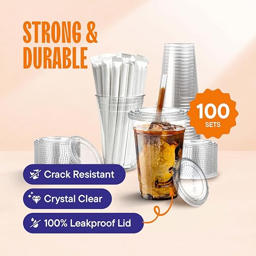 Stack Man Clear Plastic Cups - 20 oz - 100 Pack | Disposable Iced Coffee Cups - Image 2