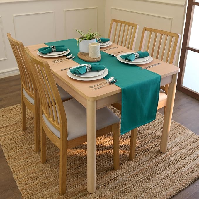 Encasa XO Table Runner, Cotton Canvas Dining Runner 13"x104" | Emerald - Image 2