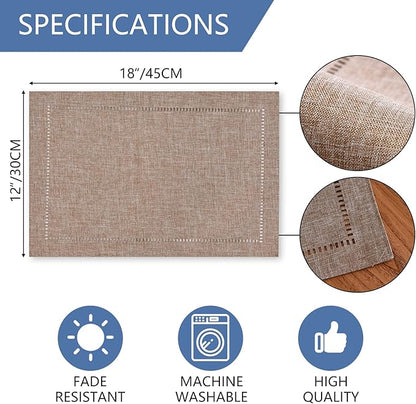 Tosewever Set of 6 Decorative Linen Placemats 12 x 18 Inches, Farmhouse Style Table Mats for Everyday Dining Wedding Party Holiday Home Decor (6 Pieces 12 x 18”, Light Coffee/Straight)
