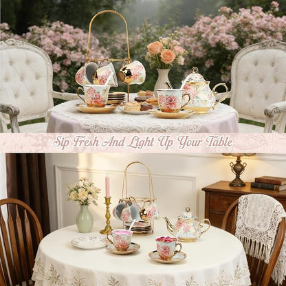 20 Pcs Porcelain Tea Set with Metal Holder, European Ceramic Tea Set - Image 7