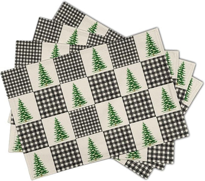 Winter Placemats Set of 4 - Black White Buffalo Plaid Tablemats 12 x 18 mas Tree Place Mats Set for Kitchen Dining Table