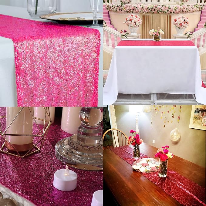 12 Packs Sequin Table Runner Hot Pink 12 X 108 Inch Glitter Dining Table Runner - Image 8