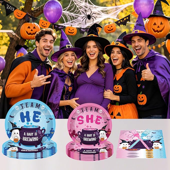 96 Pcs Halloween Gender Reveal Decorations, Baby Is Brewing Tableware Set | - Image 5