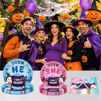 96 Pcs Halloween Gender Reveal Decorations, Baby Is Brewing Tableware Set | - Image 5