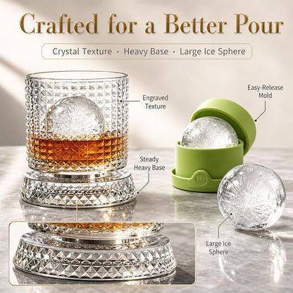 Spinning Whiskey Glass with Large Ice Ball Mold, 360° Rotating Crystal Rocks - Image 5