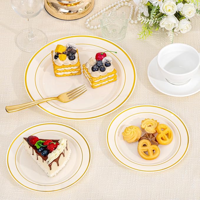 IOOOOO 200 Pcs Gold and Ivory Plastic Plates, Ivory Disposable Party Plates - Image 4