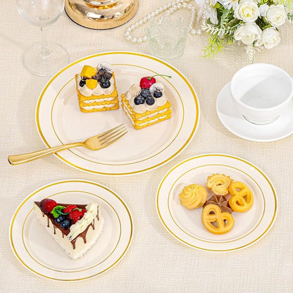 IOOOOO 200 Pcs Gold and Ivory Plastic Plates, Ivory Disposable Party Plates - Image 4