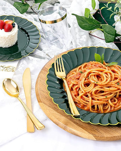 YOUBET 175PCS Green Scalloped Plastic Plates - Green and Gold Disposable Dinnerware Set Include 50 Plates, 75 Gold Silverware, 25 Cups, 25 Napkins for Party & Wedding