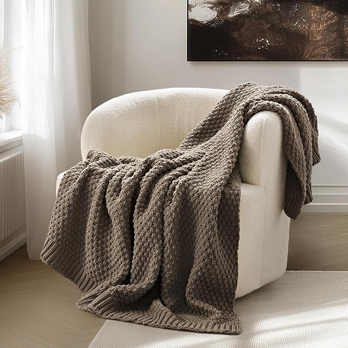 EVERGRACEHOME Chunky Chenille Knit Throw Blanket for Couch, Soft Luxurious Moss Stitch Blankets for Bed, Cozy Decorative Farmhouse Knitted Throws for Sofa, Mocha Brown, 60" x 80"