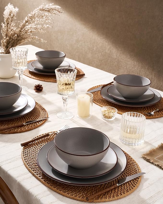 Famiware Venus Ceramic Plates and Bowls Sets, Speckled Dinnerware Dish Sets for 8 (24 Pieces) - Microwave and Dishwasher Safe, Matte Dark Grey