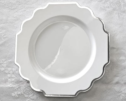 " OCCASIONS " 50 Plates Pack (25 Guests)-Heavyweight Wedding Party Disposable Plastic Plate Set -(25x10.5'' Dinner + 25x8'' Salad/Dessert) (Imperial in White & Silver Rim)