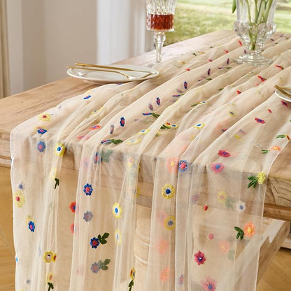 BINBE 3pcs Champagne Daisy Spring Table Runner Embroidery Gauze 10FT Florals by BINBE