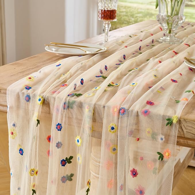 BINBE 6pcs Champagne Daisy Spring Table Runner Embroidery Gauze 10FT Florals by BINBE