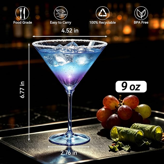 Plastic Martini Glasses Set of 12, 9 oz Blue Cocktail Cups | Unbreakable - Image 2