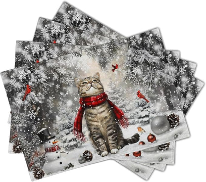 Winter Placemats Set of 4 - Cute Cat Snowman Xmas Tree Place Mat Tablemats 12x18 for Kitchen Dining Table
