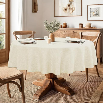 JIUZHEN Round Table Cloth Faux Linen Farmhouse Tablecloth Wrinkle & Stain Resistant Table Cover for Kitchen Dining, Holiday Party Dinner, Champagne, 108 Inch Round
