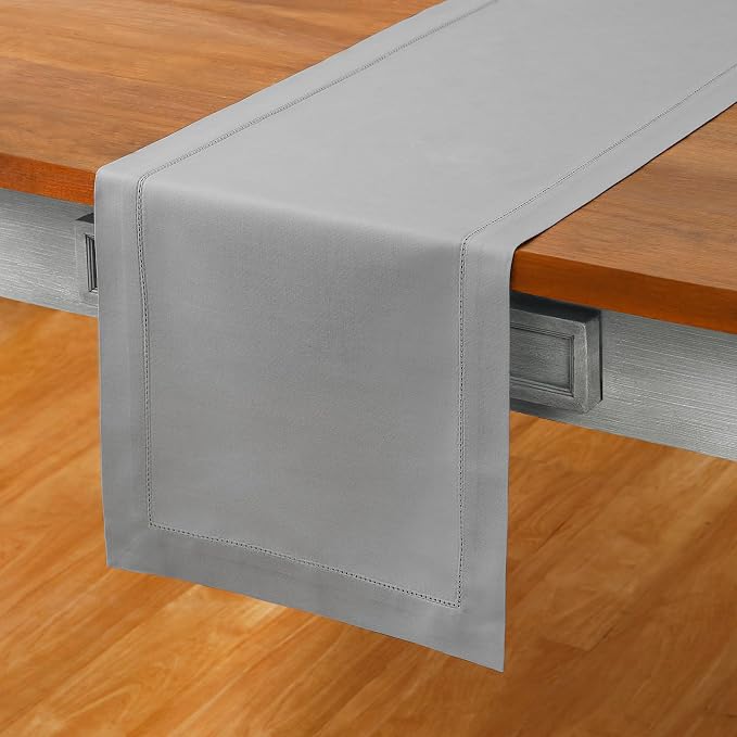 Solino Home Cotton Linen Dining Table Runner Grey Hemstitch, 14 x 144 in | - Image 2