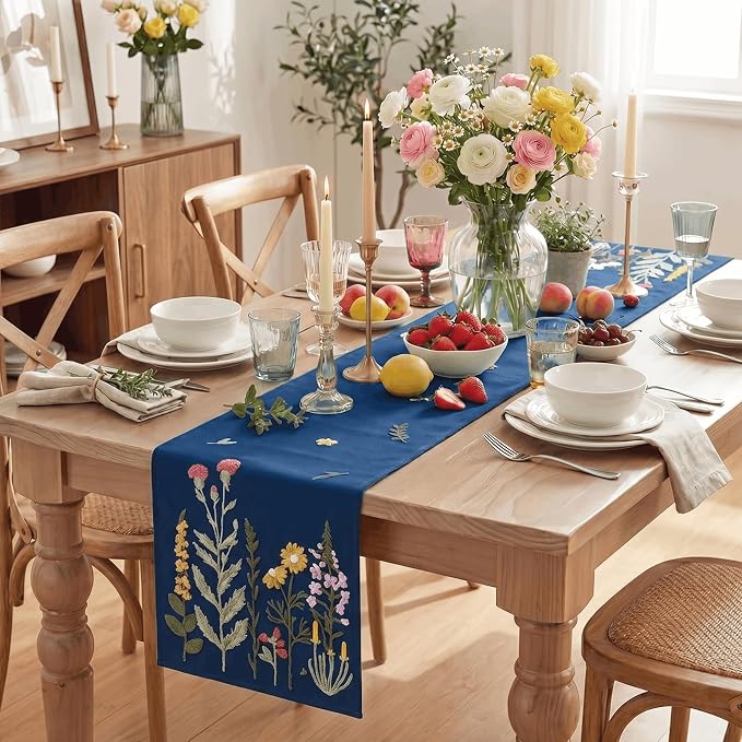 Artoid Mode Dark Blue Soft Chain Embroidery Wild Floral Spring Table Runner - Image 5