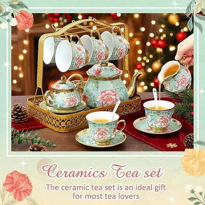 22 Pcs Porcelain Tea Set with Metal Holder, Vintage European Floral Tea Set - Image 7