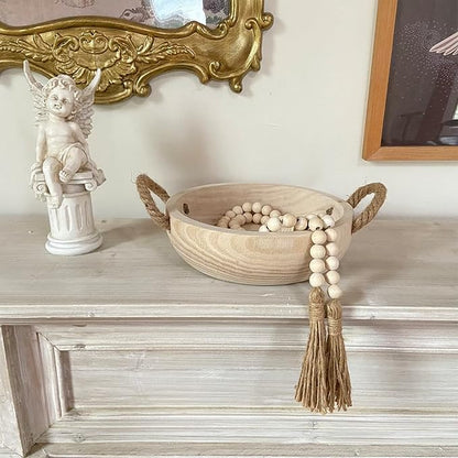 OMISHE Paulownia Wood Bowl, Decorative Bowl for Home Decor, Natural Handmade Dough Wooden Bowl, Rustic Round Serving Bowl with Rope Handle and Wood Bead Garland for Tabletop Centerpiece Decor