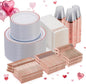 Goodluck 700 Piece Rose Gold Dinnerware Set for 100 Guests, Plastic Plates Disposable for Party, Include: 100 Dinner Plates, 100 Dessert Plates, 100 Paper Napkins, 100 Cups, 100 Silverware Set