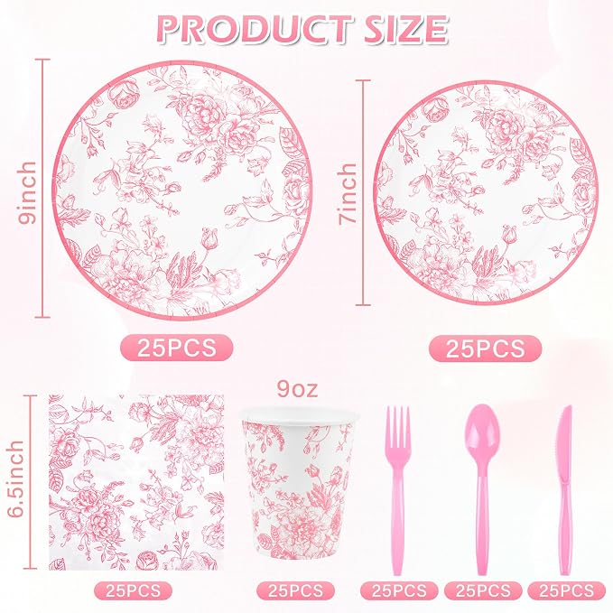 175Pcs Pink Floral Paper Plates and Napkins 25 Guests Pink White Toile - Image 2